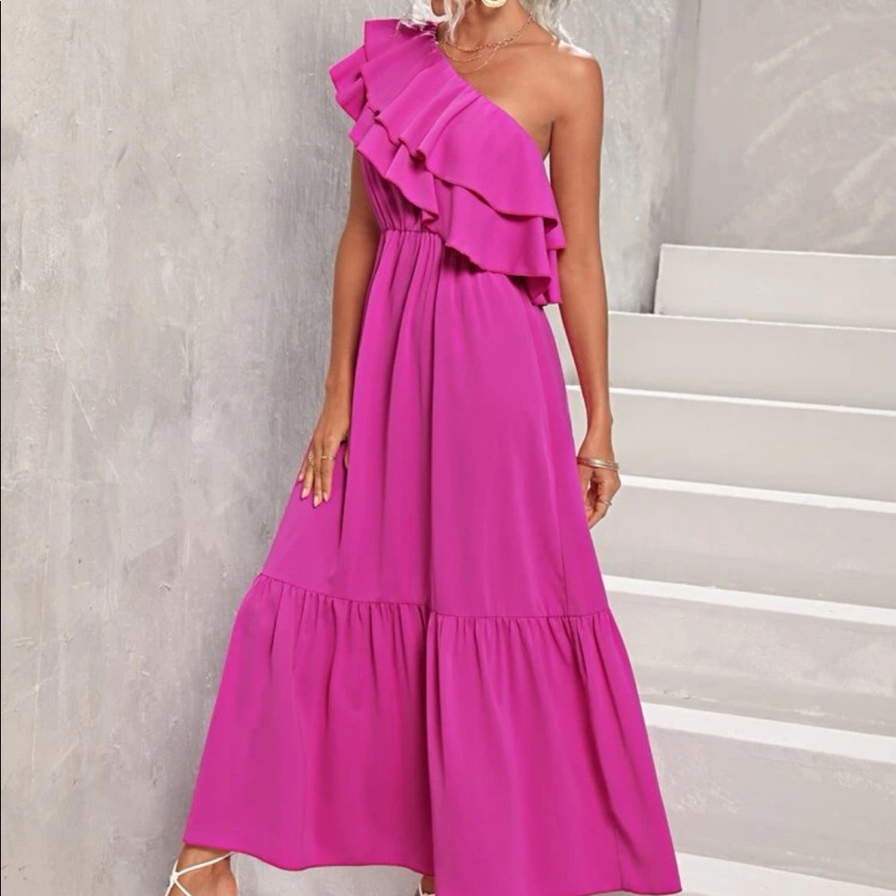 Boho pink ruffle hem one shoulder ruffle dress - Picture 4 of 6